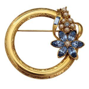 Vintage Gold Tone Open Round Blue Rhinestone Faux Pearl Flower Brooch Pin E631